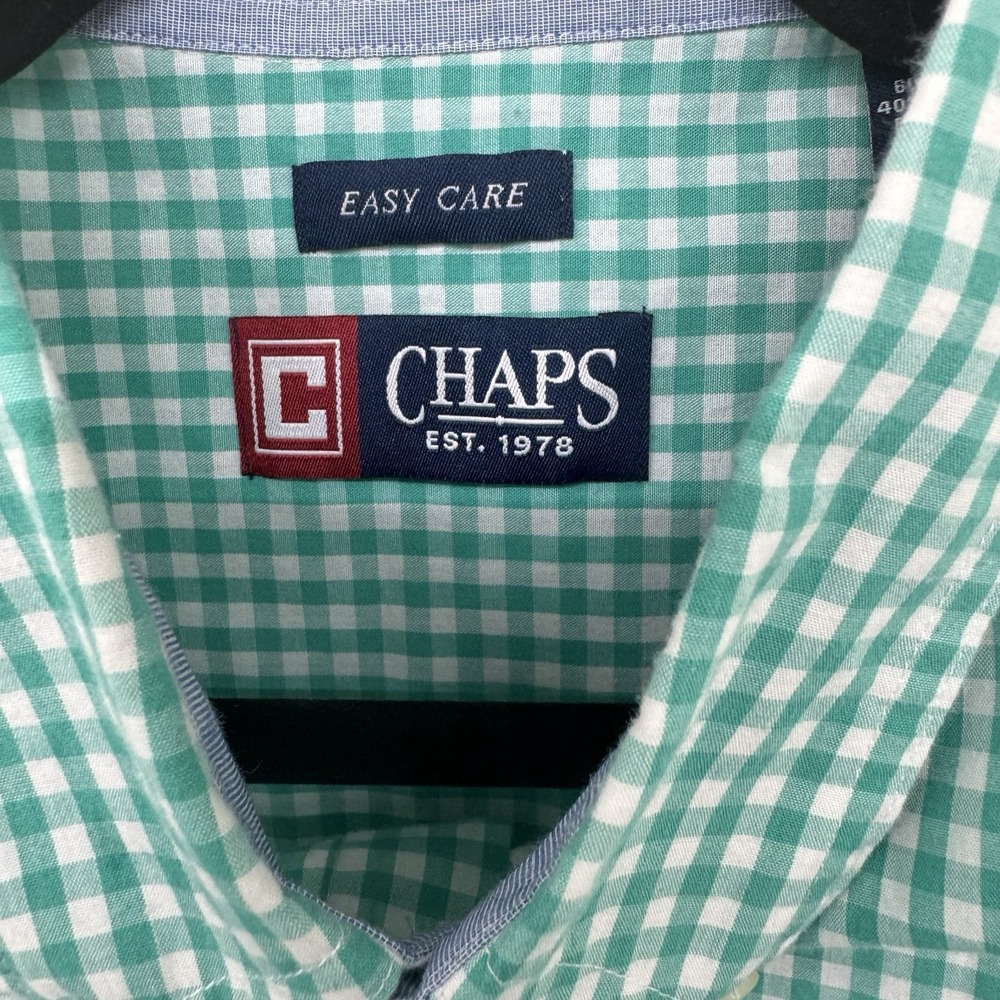 CHAPS SizeL Green Check Cotton Button Front Shirt Short Sleeves Easy Care Pocket - Picture 2 of 5